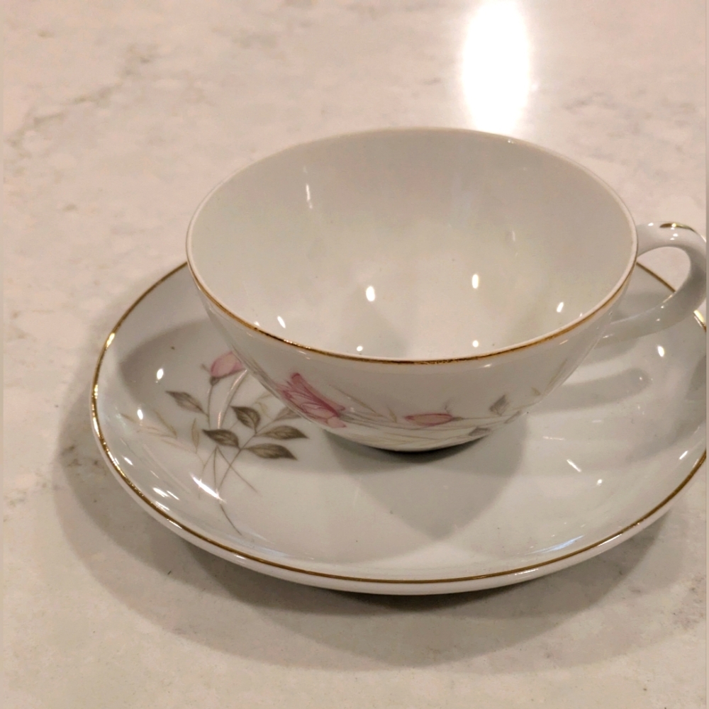 Japna White Porcelain Teacup and Saucer with Pink Floral and Gold Trim